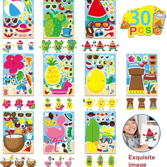 30 Sheets Hawaii Make a Face Sticker Summer Pool Beach Stickers for Kids Make Yo - Picture 7 of 8